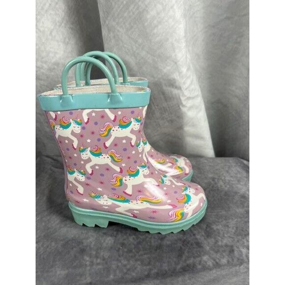 T&W Girls Unicorn Rain Boots Purple Pink Rubber Pull On Round Toe 6 NEW - Picture 1 of 6